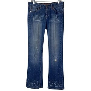 Y2K Bootcut Denim Jeans BOHO, Distressed Flare Embellished STUDDED‎ Size 9